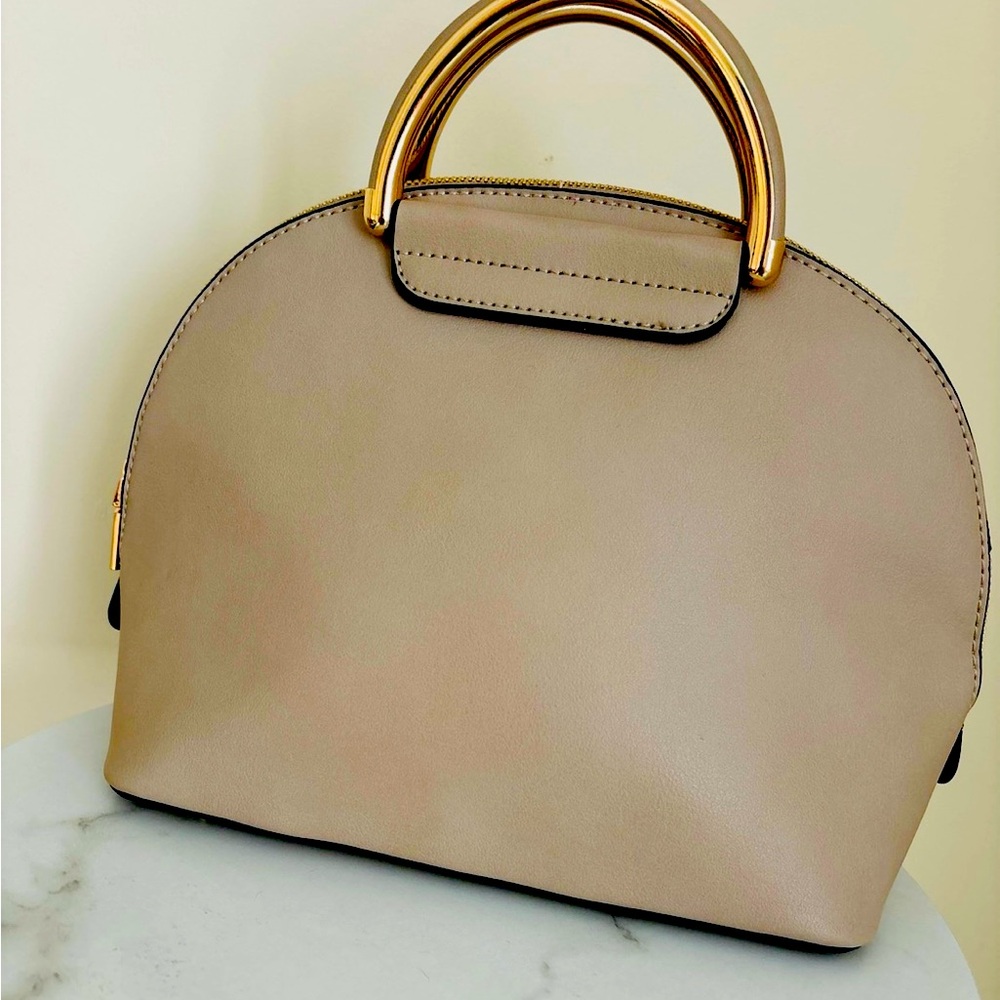 Italian leather  tan and gold satchel with golden handle 9/14 inches